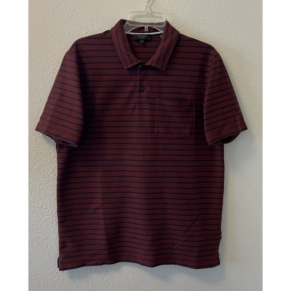 Ted Baker Polo Shirt Men's Size 3 Striped Short Sleeve Purple Burgundy Textured